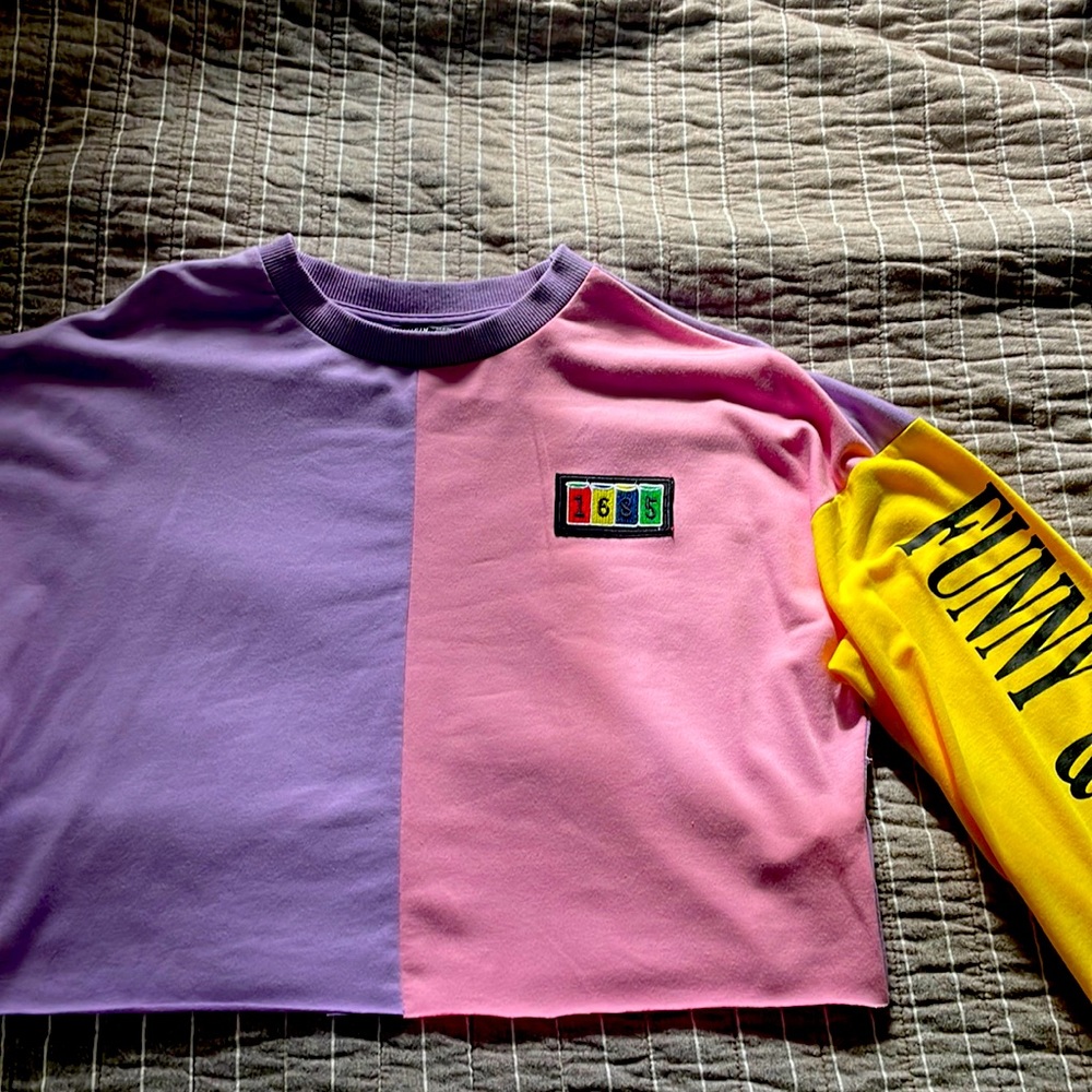 Crop top, shein, size small, colors are- yellow, pink, teal, and purple